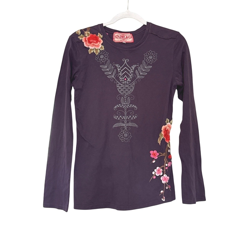 JWLA Johnny Was Boho Long Sleeve Top Floral Embroidery Sz S Plum Cotton Knit